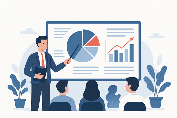 Illustration of a person presenting charts and graphs to an audience