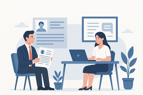 Illustration of a person at a desk preparing for an interview with a resume and laptop